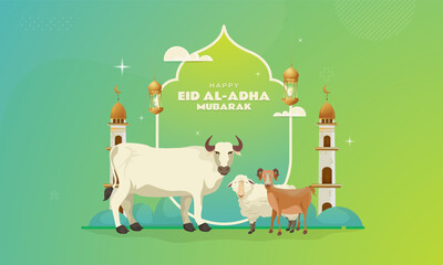 Happy Eid al-Adha banner with illustration of goats, sheep and cows to be sacrificed concept