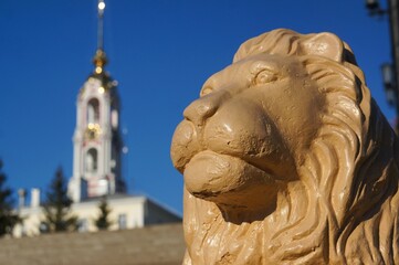Russia. Tambov region. Tambov. View of the city. Lion sculpture on the embankment against the background of the cathedral