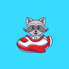 Cute racoon flying on a plane. Animal cartoon concept isolated. Can used for t-shirt, greeting card, invitation card or mascot. Flat Cartoon Style