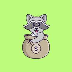 Cute racoon in a money bag. Animal cartoon concept isolated. Can used for t-shirt, greeting card, invitation card or mascot. Flat Cartoon Style