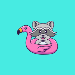 Cute racoon With flamingo buoy. Animal cartoon concept isolated. Can used for t-shirt, greeting card, invitation card or mascot. Flat Cartoon Style