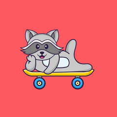 Cute racoon lying on a skateboard. Animal cartoon concept isolated. Can used for t-shirt, greeting card, invitation card or mascot. Flat Cartoon Style