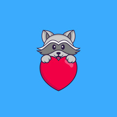 Cute racoon holding a big red heart. Animal cartoon concept isolated. Can used for t-shirt, greeting card, invitation card or mascot. Flat Cartoon Style