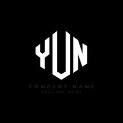 YUN letter logo design with polygon shape. YUN polygon logo monogram. YUN cube logo design. YUN hexagon vector logo template white and black colors. YUN monogram, YUN business and real estate logo. 