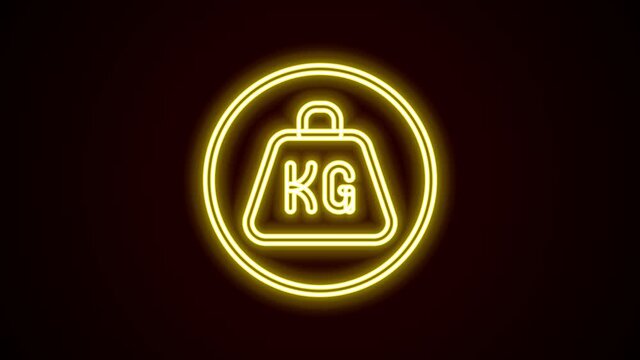 Glowing neon line Weight icon isolated on black background. Kilogram weight block for weight lifting and scale. Mass symbol. 4K Video motion graphic animation