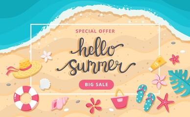 Summer sale banner. Hand drawn lettering, beach and cute elements. Template vector illustration