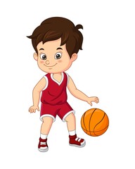 Cartoon cute little boy playing basketball