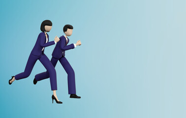 Fototapeta na wymiar A 3D rendering businessman and women running on isolated blue color background. 