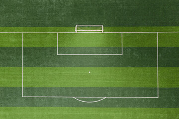 Aerial top view of the restricted area of the soccer field goal