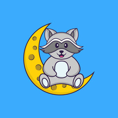 Cute racoon is sitting on the moon. Animal cartoon concept isolated. Can used for t-shirt, greeting card, invitation card or mascot. Flat Cartoon Style