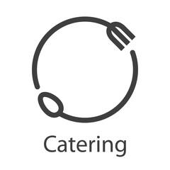 Logotipo con texto Catering con tenedor y cuchara con forma de circulo con lineas en color gris