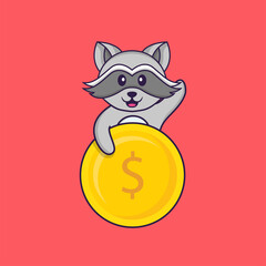 Cute racoon holding coin. Animal cartoon concept isolated. Can used for t-shirt, greeting card, invitation card or mascot. Flat Cartoon Style