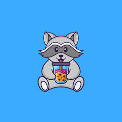 Cute racoon Drinking Boba milk tea. Animal cartoon concept isolated. Can used for t-shirt, greeting card, invitation card or mascot. Flat Cartoon Style
