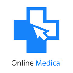 Logotipo con texto Online Medical con cruz y flecha de mouse en color azul
