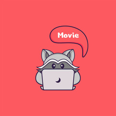 Cute racoon is watching a movie. Animal cartoon concept isolated. Can used for t-shirt, greeting card, invitation card or mascot. Flat Cartoon Style