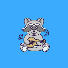 Cute racoon playing guitar. Animal cartoon concept isolated. Can used for t-shirt, greeting card, invitation card or mascot. Flat Cartoon Style