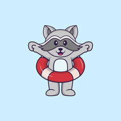 Cute racoon using a float. Animal cartoon concept isolated. Can used for t-shirt, greeting card, invitation card or mascot. Flat Cartoon Style