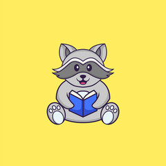 Cute racoon reading a book. Animal cartoon concept isolated. Can used for t-shirt, greeting card, invitation card or mascot. Flat Cartoon Style