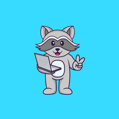 Cute racoon holding laptop. Animal cartoon concept isolated. Can used for t-shirt, greeting card, invitation card or mascot. Flat Cartoon Style