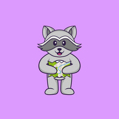Obraz na płótnie Canvas Cute racoon holding a map. Animal cartoon concept isolated. Can used for t-shirt, greeting card, invitation card or mascot. Flat Cartoon Style