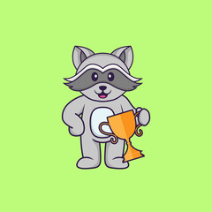 Cute racoon holding gold trophy. Animal cartoon concept isolated. Can used for t-shirt, greeting card, invitation card or mascot. Flat Cartoon Style