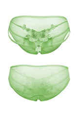 Naklejka premium Detail shot of green mesh panties with thin straps and fancy floral embroidery. Sexy lingerie is isolated on the white background. Front and back views. 