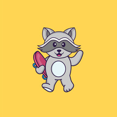 Cute racoon holding a skateboard. Animal cartoon concept isolated. Can used for t-shirt, greeting card, invitation card or mascot. Flat Cartoon Style