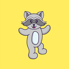 Cute racoon is dancing. Animal cartoon concept isolated. Can used for t-shirt, greeting card, invitation card or mascot. Flat Cartoon Style