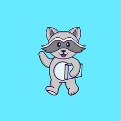 Cute racoon holding a book. Animal cartoon concept isolated. Can used for t-shirt, greeting card, invitation card or mascot. Flat Cartoon Style