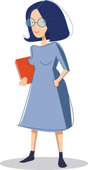 vector flat illustration of young pretty lady standing with book. cute teacher in round glasses isolated on white