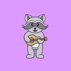 Cute racoon playing guitar. Animal cartoon concept isolated. Can used for t-shirt, greeting card, invitation card or mascot. Flat Cartoon Style