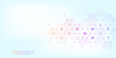 Medical background and healthcare technology with flat icons and symbols. Design template of concept and idea for health care business, innovation medicine, health safety, science. Vector illustration