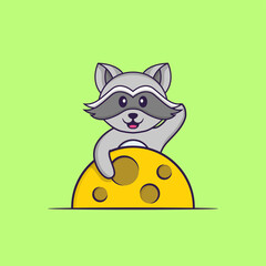 Cute racoon is on the moon. Animal cartoon concept isolated. Can used for t-shirt, greeting card, invitation card or mascot. Flat Cartoon Style