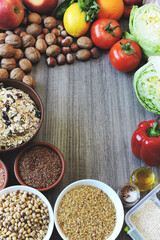 Set of healthy products. Cereals, seeds, vegetables, fruits, nuts. Vegan set.