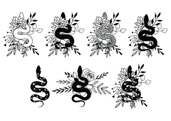 Snake Vector Set, Snakes on flowers, floral snakes