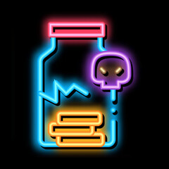 cracked bottle of pills neon light sign vector. Glowing bright icon cracked bottle of pills sign. transparent symbol illustration