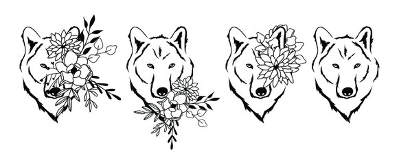 Obraz premium Wolves floral vector illustration set, flower animal