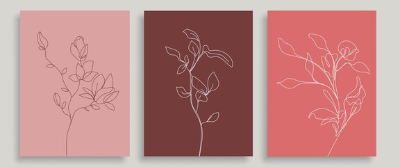 Botanical Line Art Vector Set. Color Boho Foliage Line Art Drawing. Abstract Plants Design for Wall Art, Print, Poster, Cover, Wallpaper, Minimal, Boho, Bohemian and Natural Design.