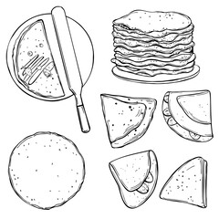 Crepes, thin pancakes. Sketch  illustration.