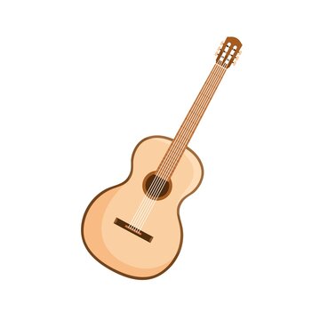 Six-stringed acoustic guitar from wood. Wooden classic music instrument with hole, fretboard and frets. Colored flat vector illustration isolated on white background