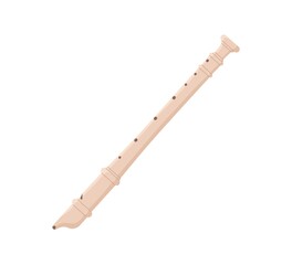 Wood recorder or duct flute with whistle mouthpiece. Woodwind music instrument. Colored flat vector illustration isolated on white background