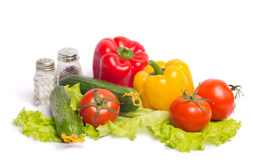 Obraz na płótnie Canvas fresh appetizing bright vegetables and greens, salt and pepper for a spring vitamin diet salad