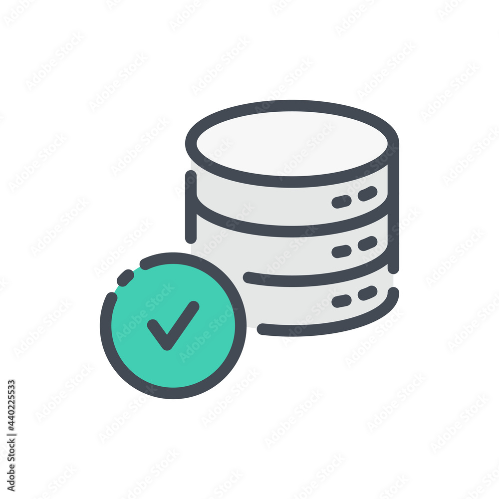 Poster database with check mark color line icon. tick and server storage vector outline colorful sign.