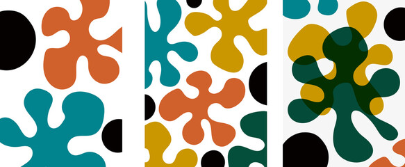 Collection of modern abstract art illustrations. Form - colored blots (drops) on a gray background, matisse style