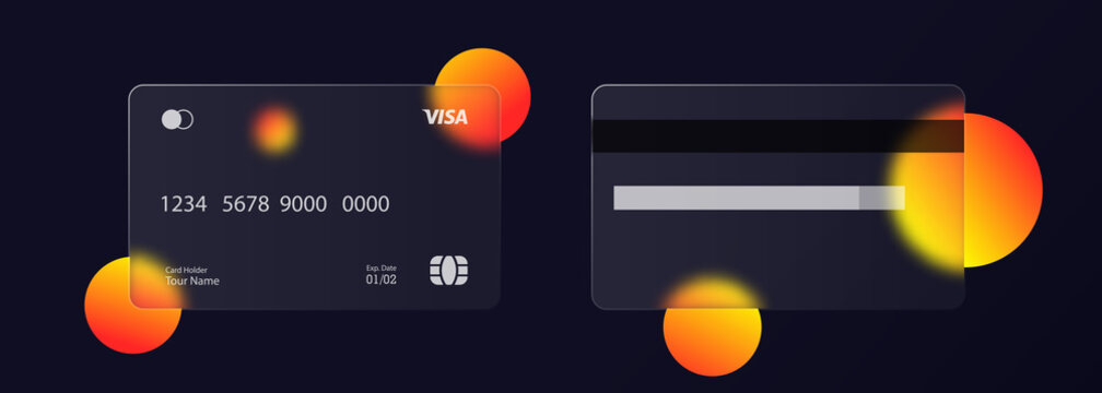 Visa, mastercard. Credit card icon. Glassmorphism style. Cashless payment concept. Realistic glass morphism effect with set of transparent glass plates. Vector illustration. Ukraine - June 18, 2021