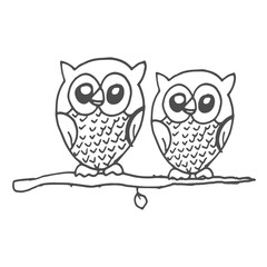 two olws on a branch illustration isolated on white background. hand drawn vector. coloring concept for kids. doodle art for logo, label, sticker, clipart, poster, coloring book, wall decoration.