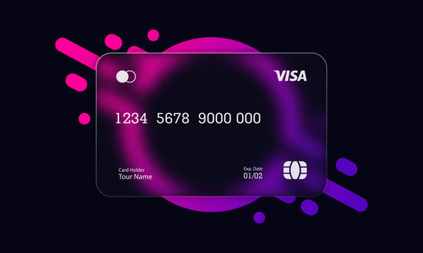 Visa, mastercard. Credit card icon. Glassmorphism style. Cashless payment concept. Realistic glass morphism effect with set of transparent glass plates. Vector illustration. Ukraine - June 18, 2021