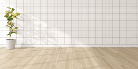 3d render of empty room with tile wall and vase of plant on wooden laminate floor.