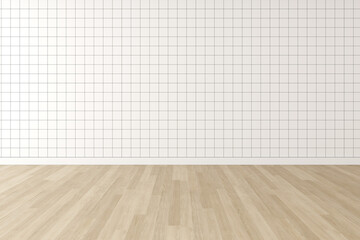 3d rendering of empty minimal room with small tile wall and wooden laminate floor.