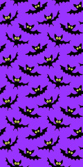 Flying bats seamless pattern. Cute Spooky vector Illustration. Halloween backgrounds and textures in flat cartoon gothic style. Black silhouettes animals on sky